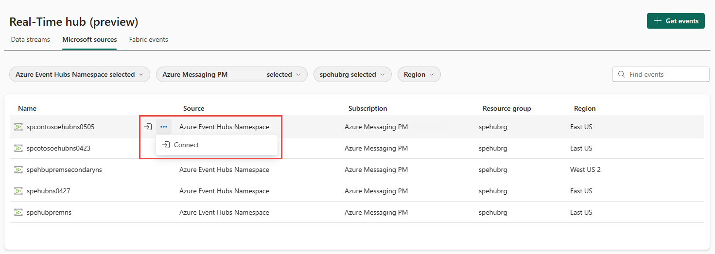 Screenshot that shows the Microsoft sources tab with filters to show event hubs and the connect button for an event hub.