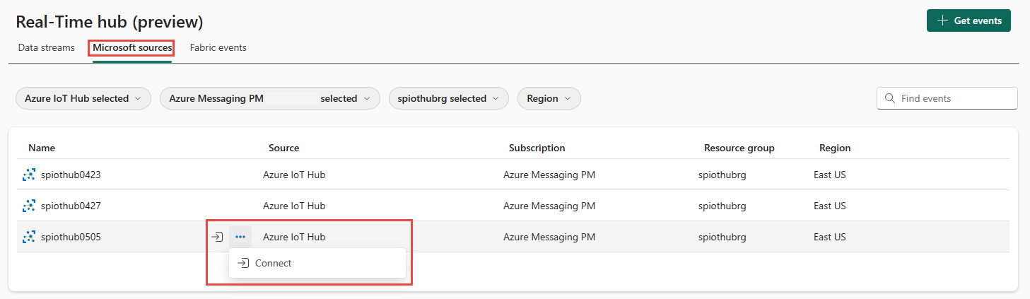 Screenshot that shows the Microsoft sources tab with filters to show IoT hubs and the connect button for an IoT hub.