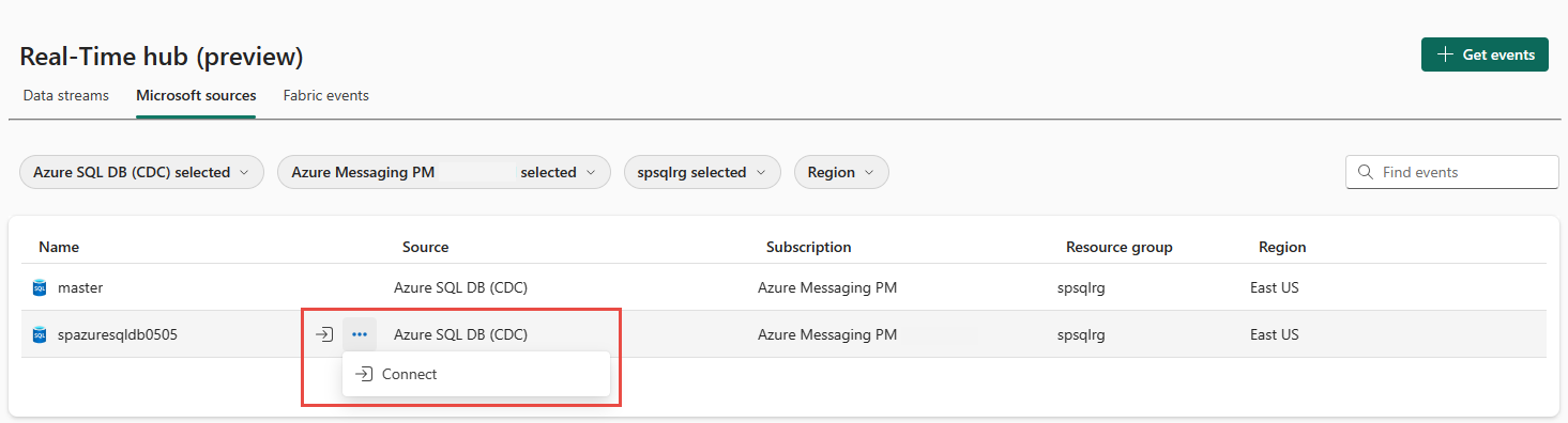 Screenshot that shows the Microsoft sources tab with filters to show SQL databases and the connect button for an Azure SQL database.