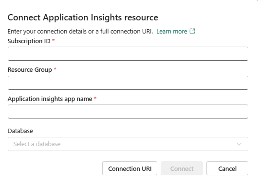 Screenshot of the connection window showing an Azure Monitor URI. The Connect cluster button is highlighted.