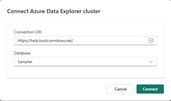 Screenshot of the Connect Azure Data Explorer cluster window.