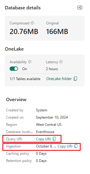 Screenshot of the database details card showing the database details. The options titled Query URI and Ingestion URI are highlighted.