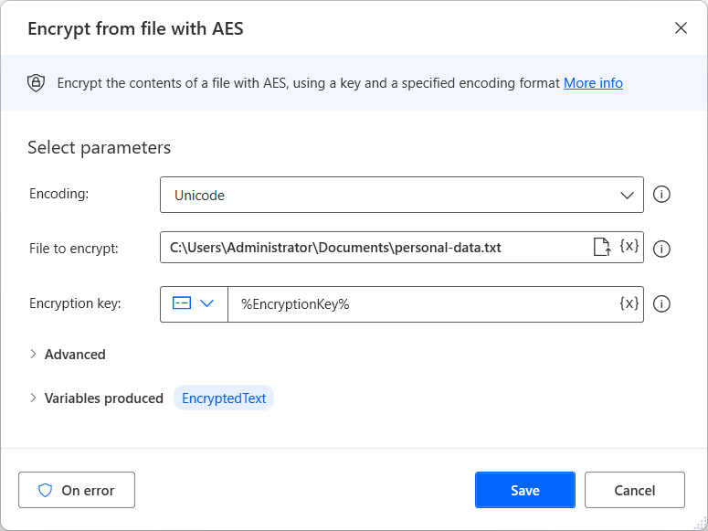 Screenshot of the Encrypt from file with AES action.