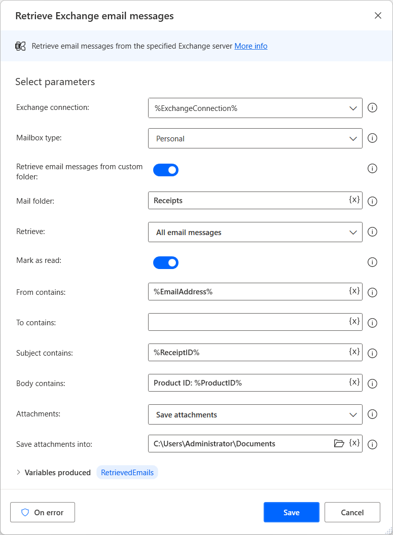 Screenshot of the Retrieve Exchange email messages action.