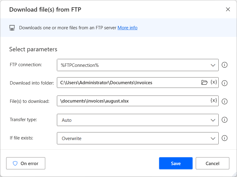 Screenshot of the Download files from FTP action.