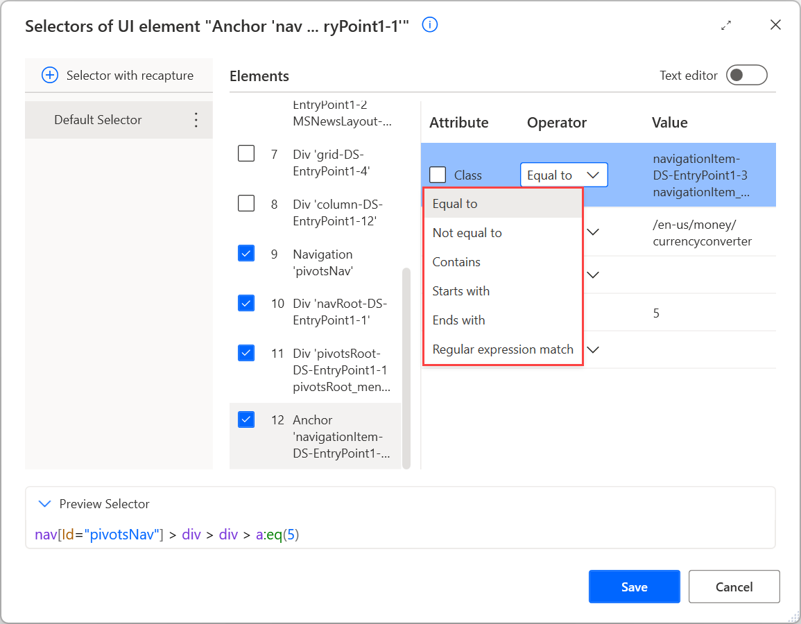 Screenshot of the available operators in the selector builder.