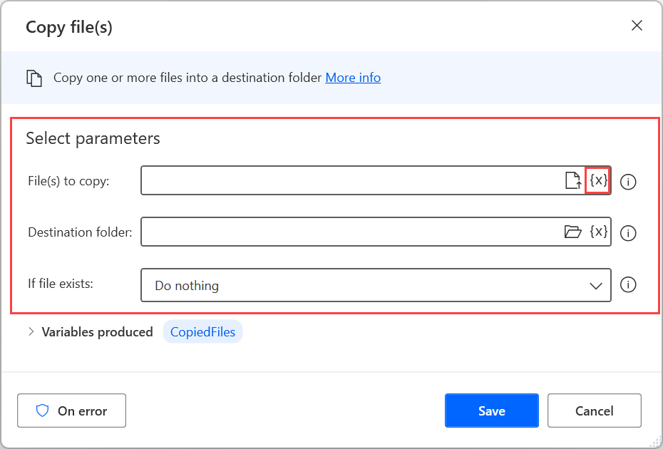 Screenshot of the input parameters in an action's modal.