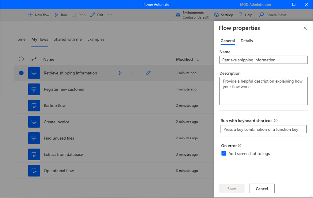 Screenshot of the general properties of a desktop flow.