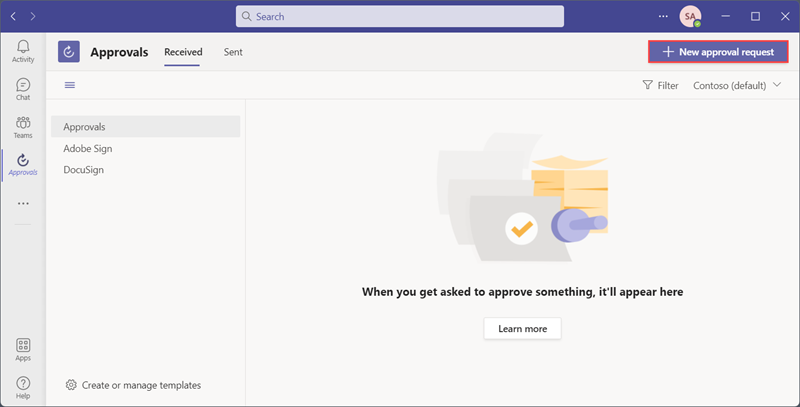 Screenshot of the New approval request button in Teams.