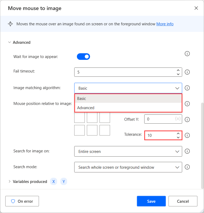 Screenshot of the advanced settings of the Move mouse to image action.