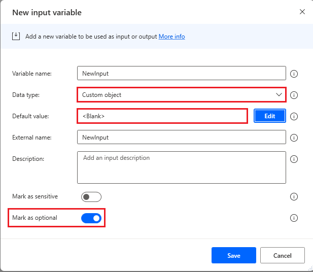 Screenshot of custom object input configuration to use blank as its default value.