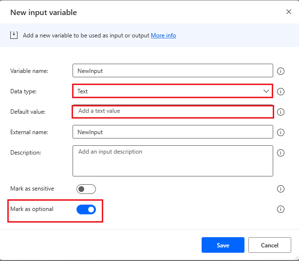 Screenshot of text variable input configuration to use blank as its default value.