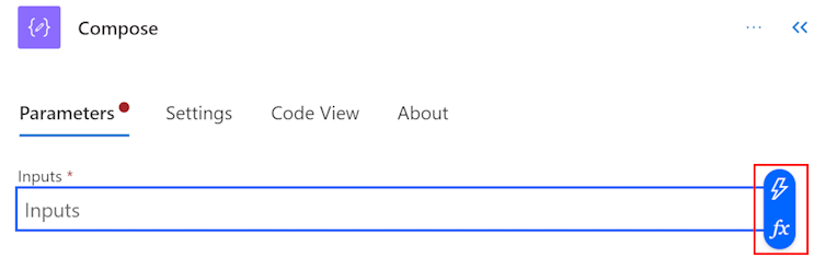 Screenshot of the Insert token and Insert expression buttons on the Parameters tab in the action configuration pane.