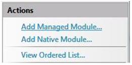 Screenshot of the Actions pane with a focus on the Add Managed Module option.