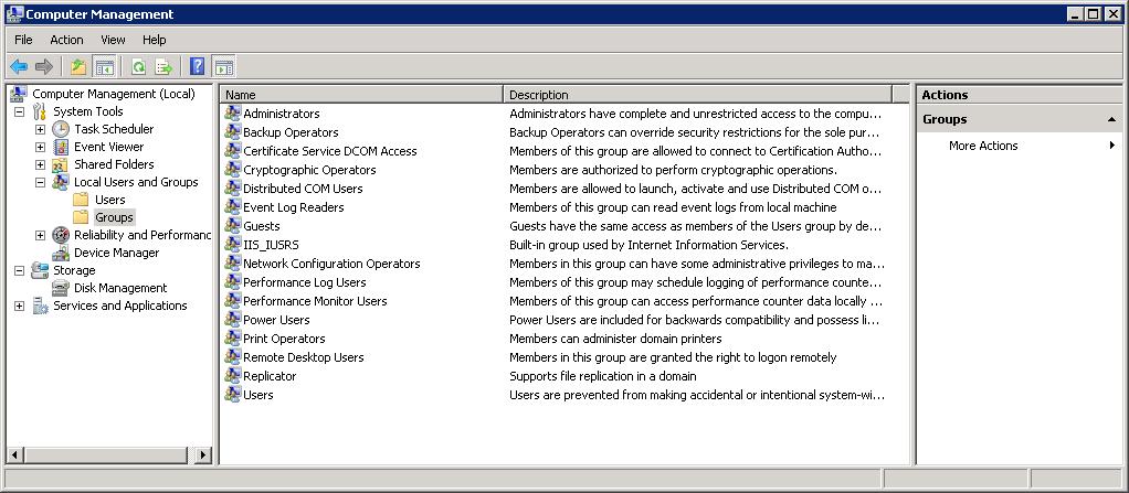 Screenshot of the Computer Management console displaying the Groups screen.