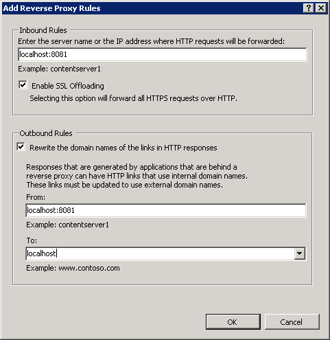 Screenshot of the Add Reverse Proxy Rules dialog box.