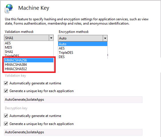 Screenshot of the Machine Key dialog box. The H M A C S H A two five six, the H M A C S H A three eight four, and the H M A C S H A five one two are highlighted.