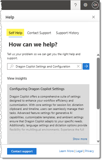 Screenshot of the Self Help tab in the Help panel in Dragon admin center.