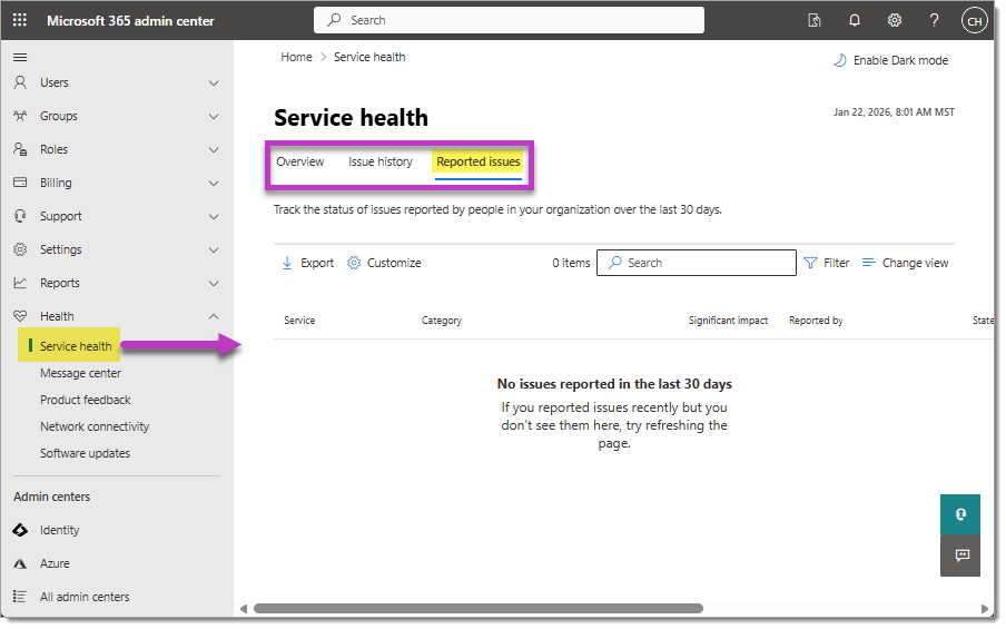 Screenshot of the Service health dashboard screen in Microsoft 365 admin center.
