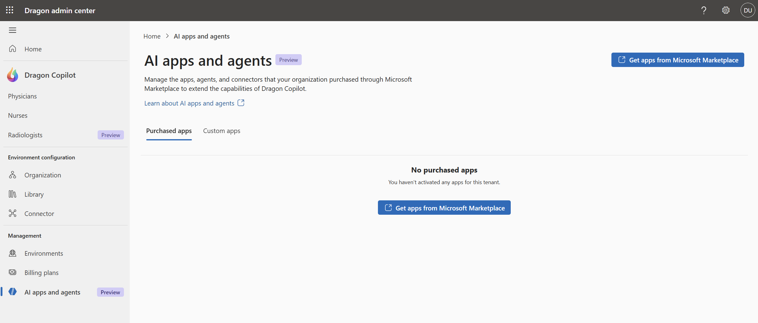 Dragon admin center AI apps and agents page