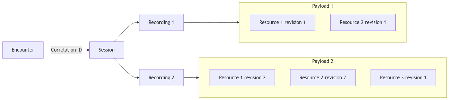 relationships between a session, recordings and payloads