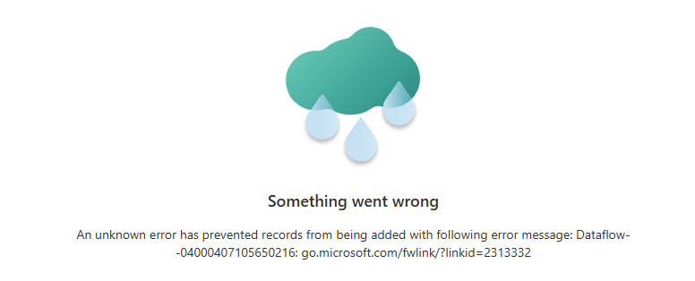 Screenshot of data imports UI showing error message for failed dataflow refresh.