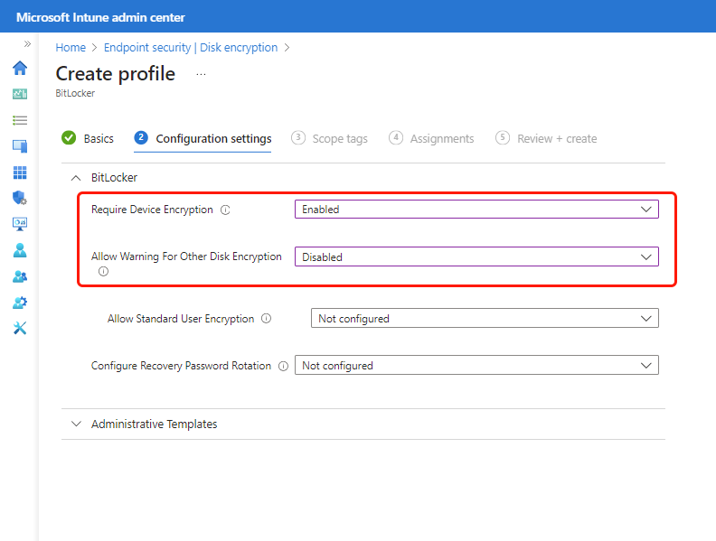 Screenshot of two BitLocker settings required to enable silent encryption.
