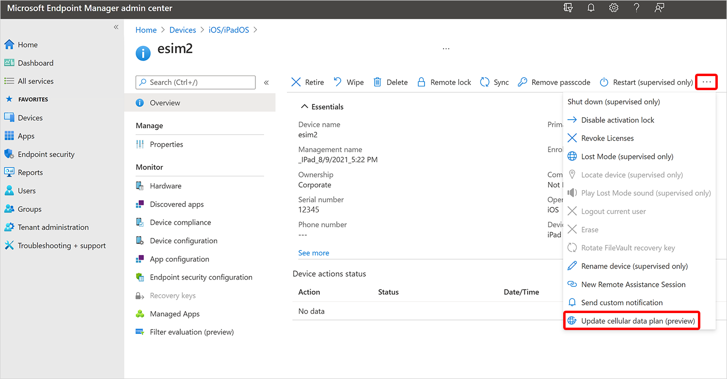Intune admin center showing the Update cellular data plan action with an activation server URL field