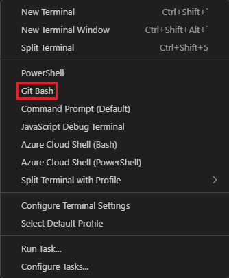 Screenshot of the Visual Studio Code terminal window showing the select shell drop-down.