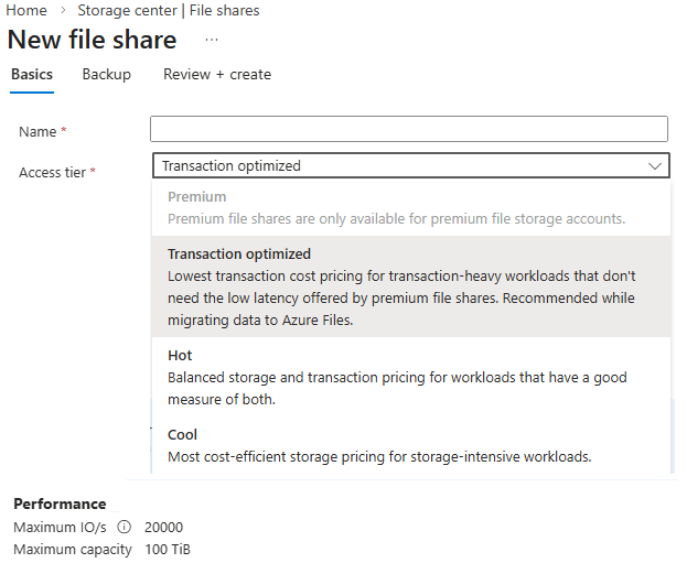 Screenshot of creating a file share showing access tier choices.