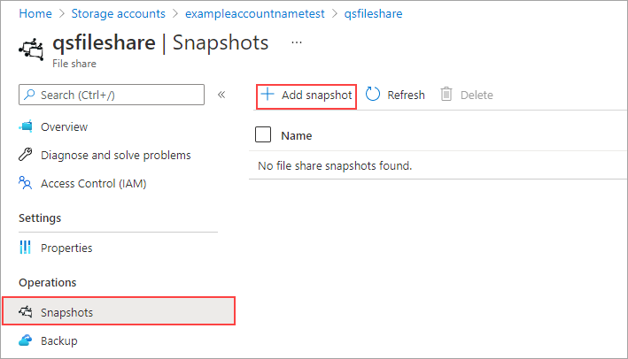 Screenshot of a file share snapshot that shows the snapshot name and date it was created.