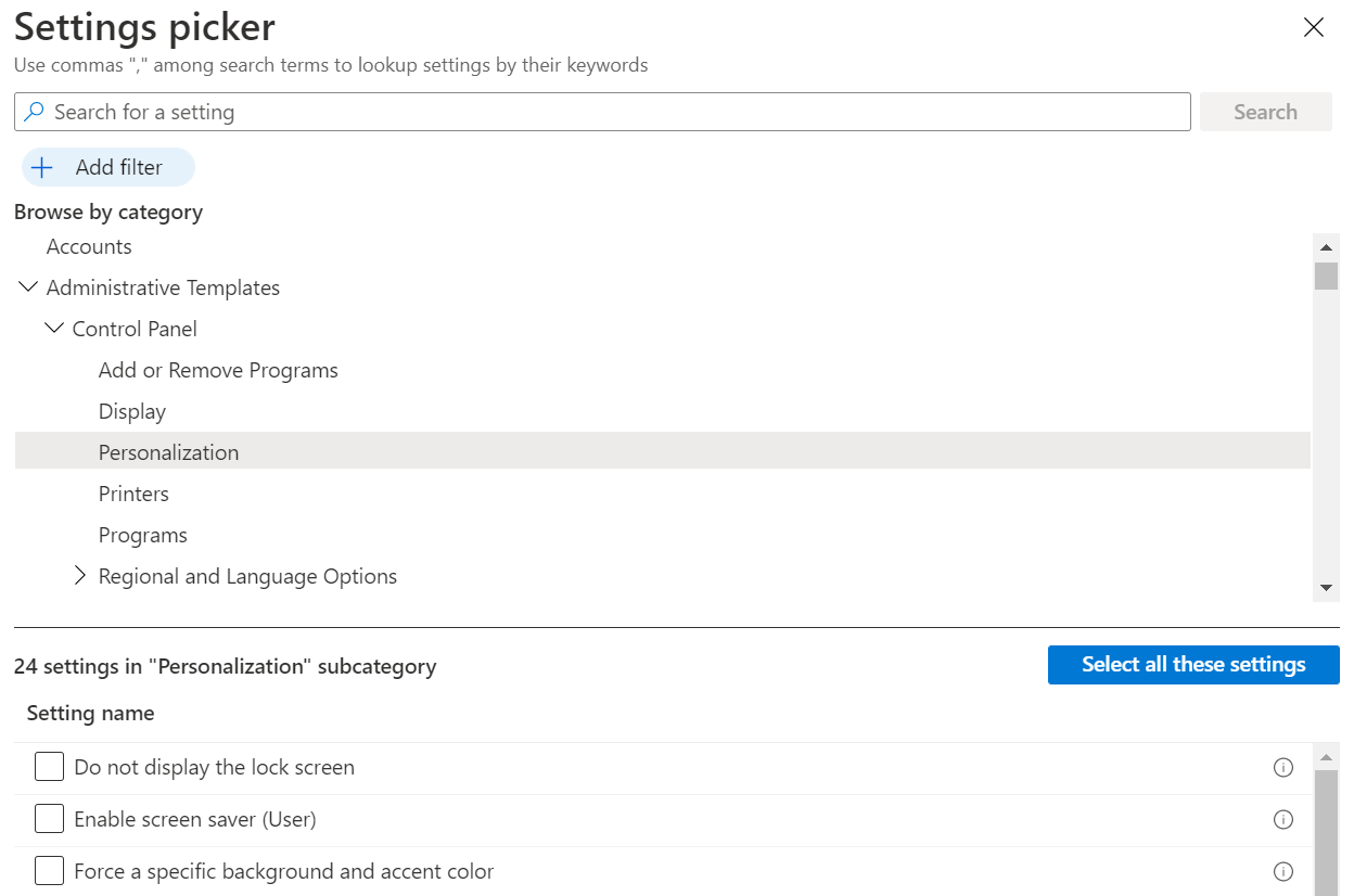 Screenshot that shows how to expand administrative templates in a settings catalog policy in Microsoft Intune.