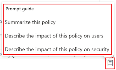 Screenshot that shows the Copilot policy prompt guide and a list of the available prompts in the settings catalog in Microsoft Intune and Intune admin center.