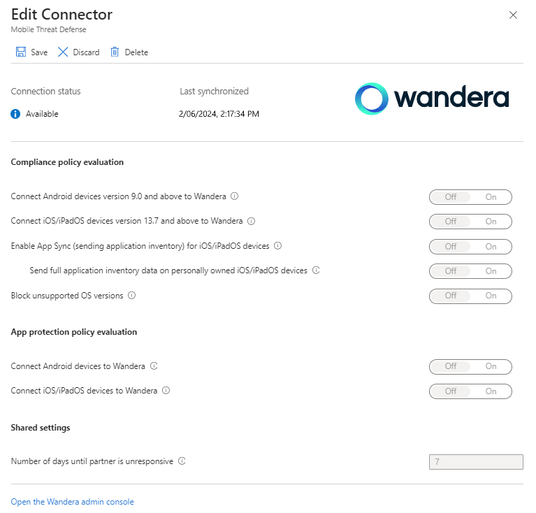 Screen shot that shows the enabled the MTD connector for Jamf.