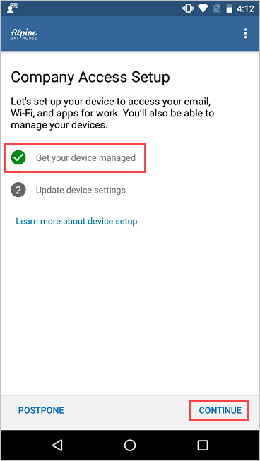 Example image of Company Portal, Company Access Setup screen, showing Get your device managed is complete.