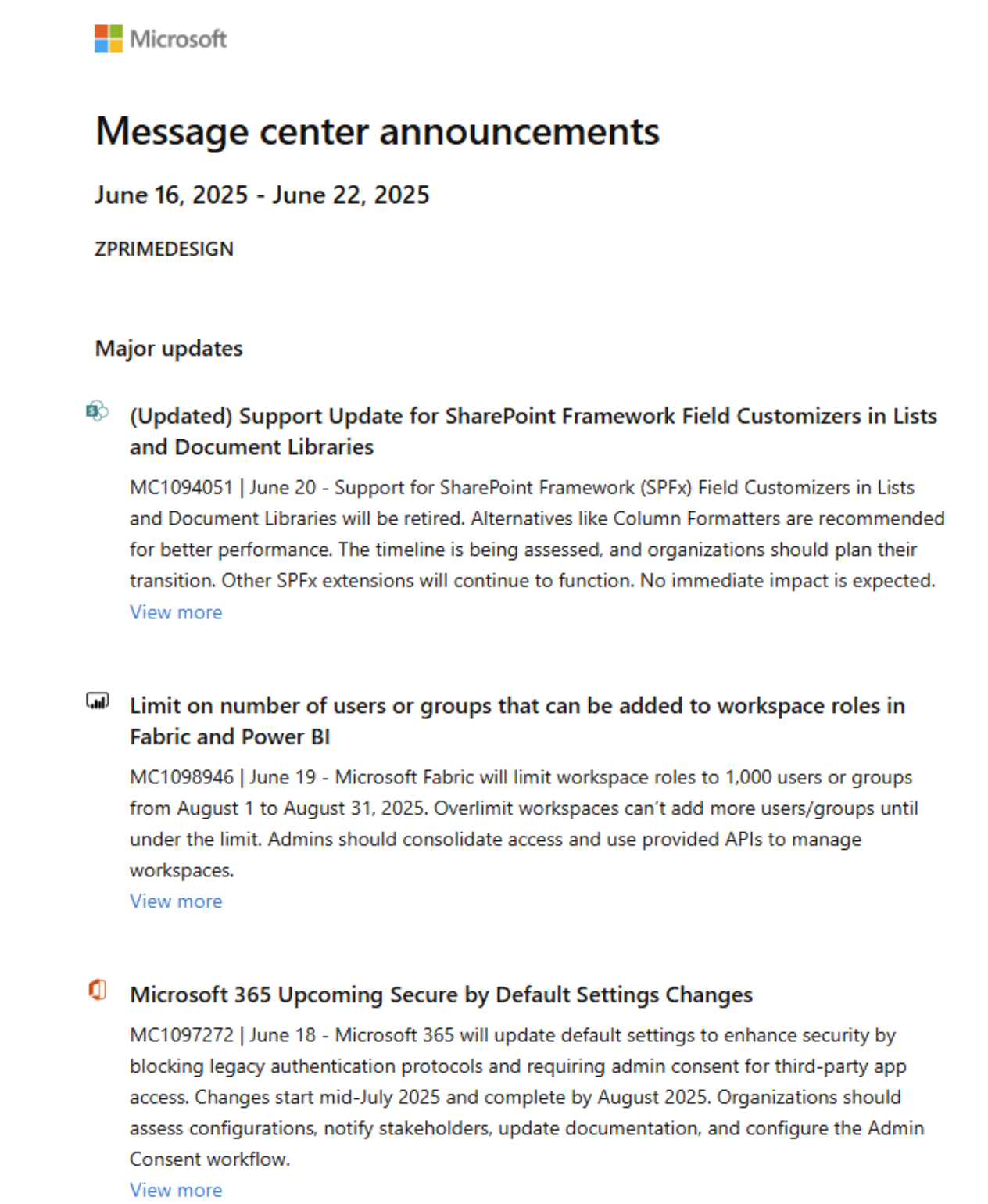 A screenshot of a sample Message Center announcement.