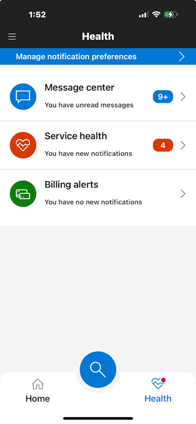 A screenshot of the Microsoft 365 admin mobile app.
