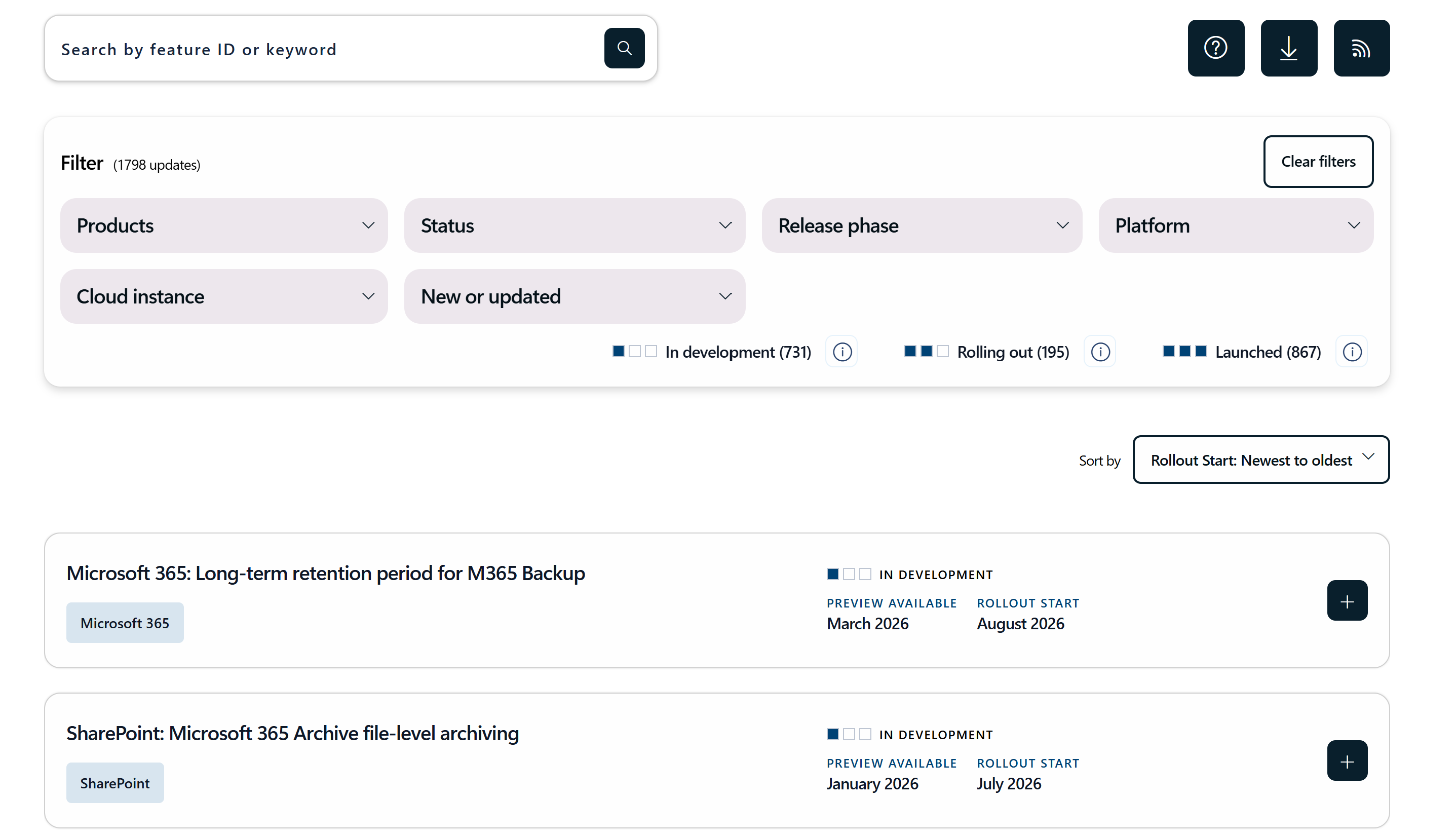 A screenshot of the Microsoft 365 roadmap with filters.