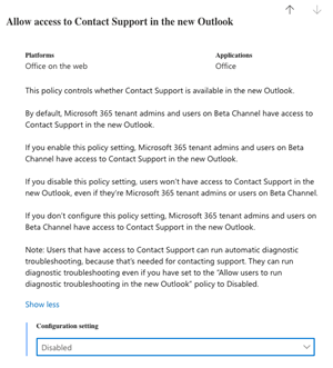 Screenshot of Allow access to Contact Support in the new Outlook policy settings, showing default, enabled, and disabled configurations, and a note on diagnostic troubleshooting. The configuration setting is shown as Disabled.