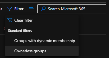 Screenshot showing how to filter on ownerless groups.