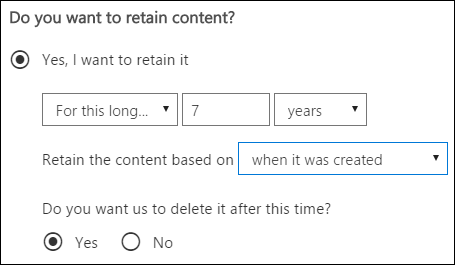 Retention settings page.