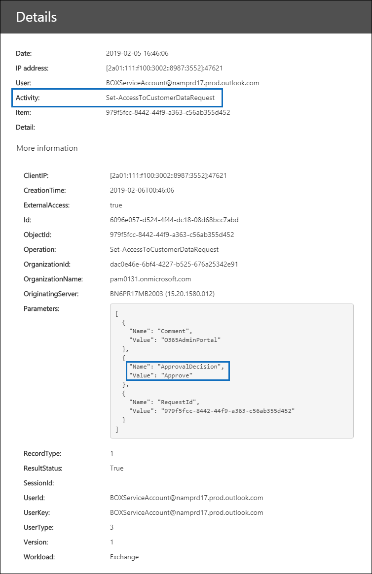 Audit record for an approved Customer Lockbox request.