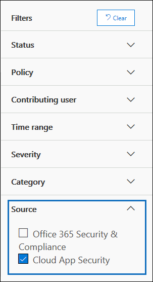 Use the Source filter to display only Defender for Cloud Apps alerts.