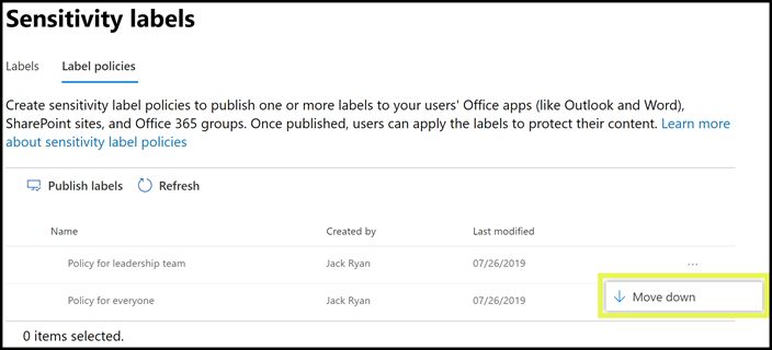 Move option on the page for sensitivity label policies.