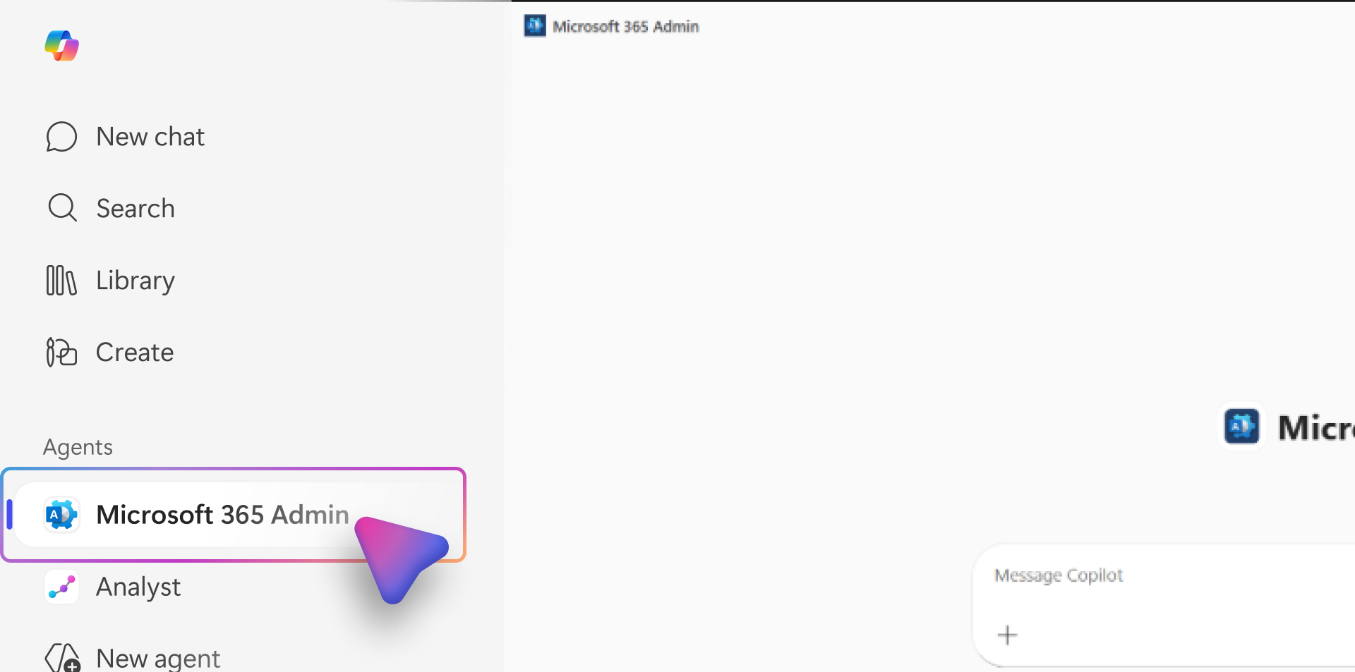Screenshot of the Microsoft 365 admin agent page showing a selection of the Microsoft 365 admin agent.