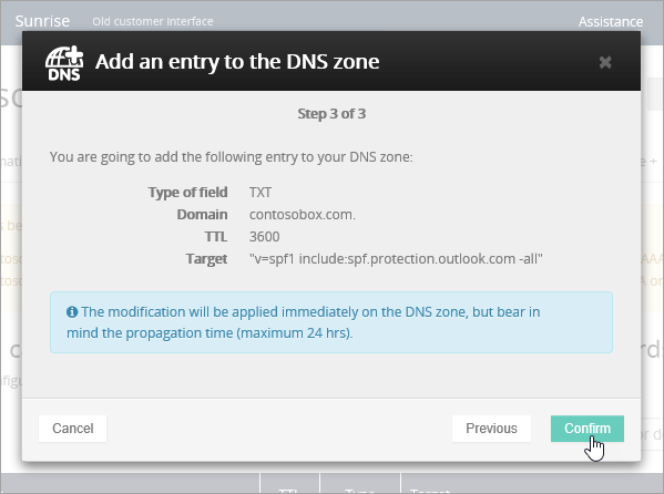 OVH Add TXT record for SPF and Confirm.