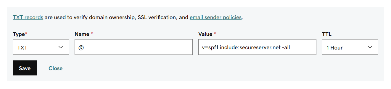 Fill in the values from the table for the SPF TXT record.