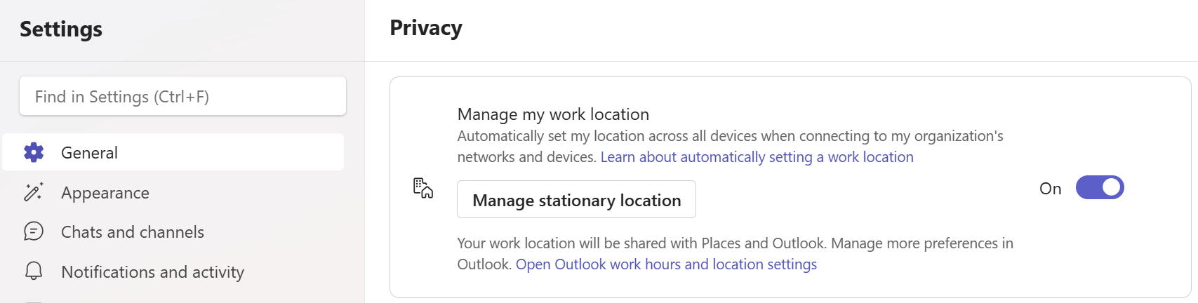 Screenshot shows the Teams Settings experience when Manage my work location is turned on.