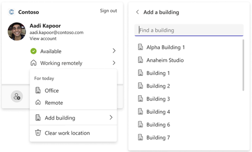 Screenshot shows the work location setting experience for Teams.