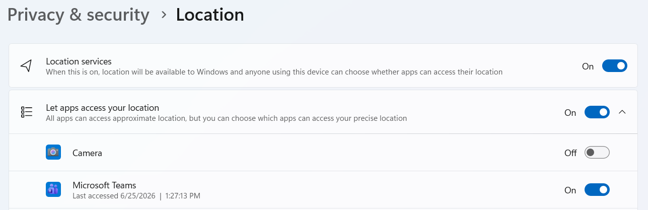 Screenshot shows the Windows Location Settings experience for Teams.